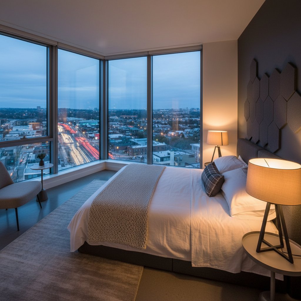 Bedroom with double-glazed windows and acoustic foam panels installed for soundproofing in Singapore